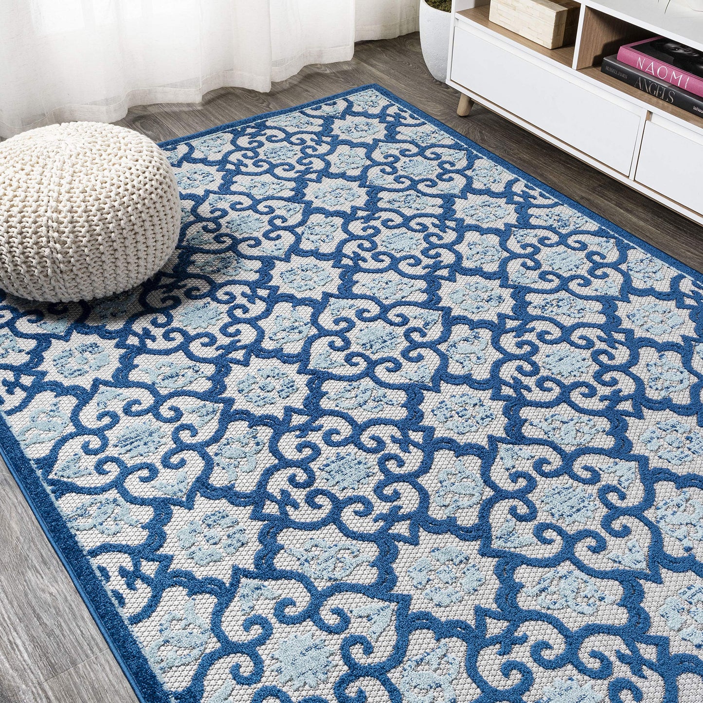 JONATHAN Y Tile Trellis Indoor Outdoor Area Rug 4X6 Light Gray/Blue, Gallia High-Low for Backyard, Patio, Porch, Easy-Cleaning, High Traffic, Pet-Friendly, Non-Shedding (AMC107B-4)