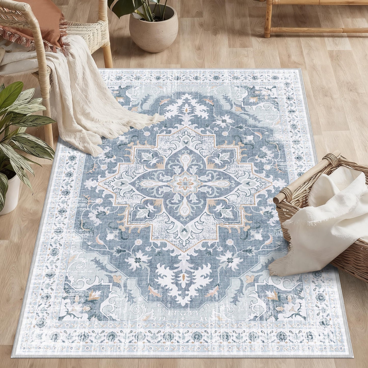TTelephant 3x5 Washable Rug, Vintage Medallion Small Carpet for Living Room and Bedroom, Low Pile Indoor Entryway Rug with Non-Slip Silicone Backing, Non-Shedding, Blue/Gray
