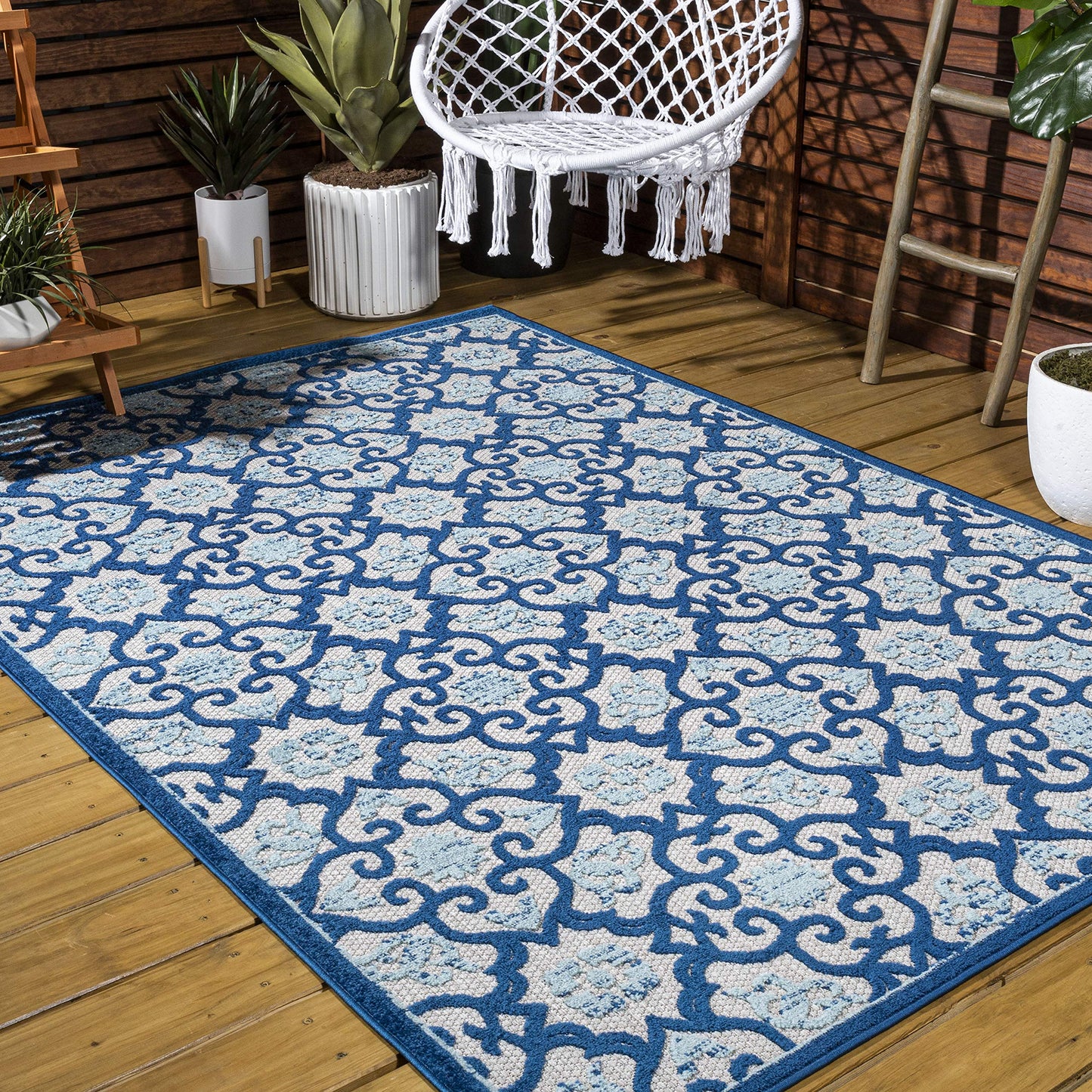 JONATHAN Y Tile Trellis Indoor Outdoor Area Rug 4X6 Light Gray/Blue, Gallia High-Low for Backyard, Patio, Porch, Easy-Cleaning, High Traffic, Pet-Friendly, Non-Shedding (AMC107B-4)