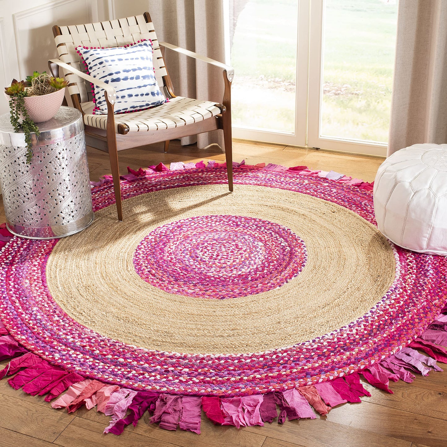 SAFAVIEH Cape Cod Collection Area Rug - 6' Round, Pink & Natural, Handmade Boho Fringe Jute & Cotton, Ideal for High Traffic Areas in Living Room, Bedroom (CAP701U)