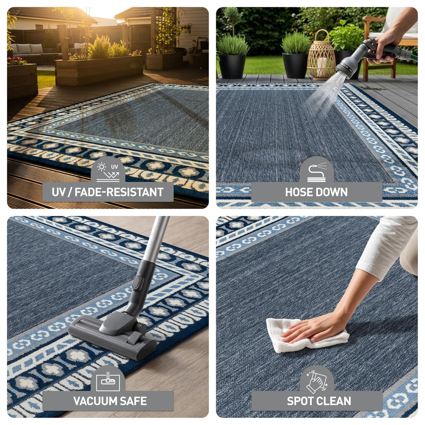 Rugshop Indoor/Outdoor High-Low Textured Area Rug, Coastal Border, Easy-Clean Patio Rug for Porch Deck Balcony 7' 10" x 10' Navy