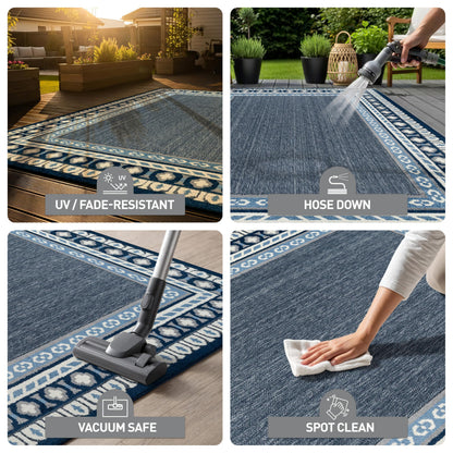 Rugshop Indoor/Outdoor High-Low Textured Area Rug, Coastal Border, Easy-Clean Patio Rug for Porch Deck Balcony 7' 10" x 10' Navy