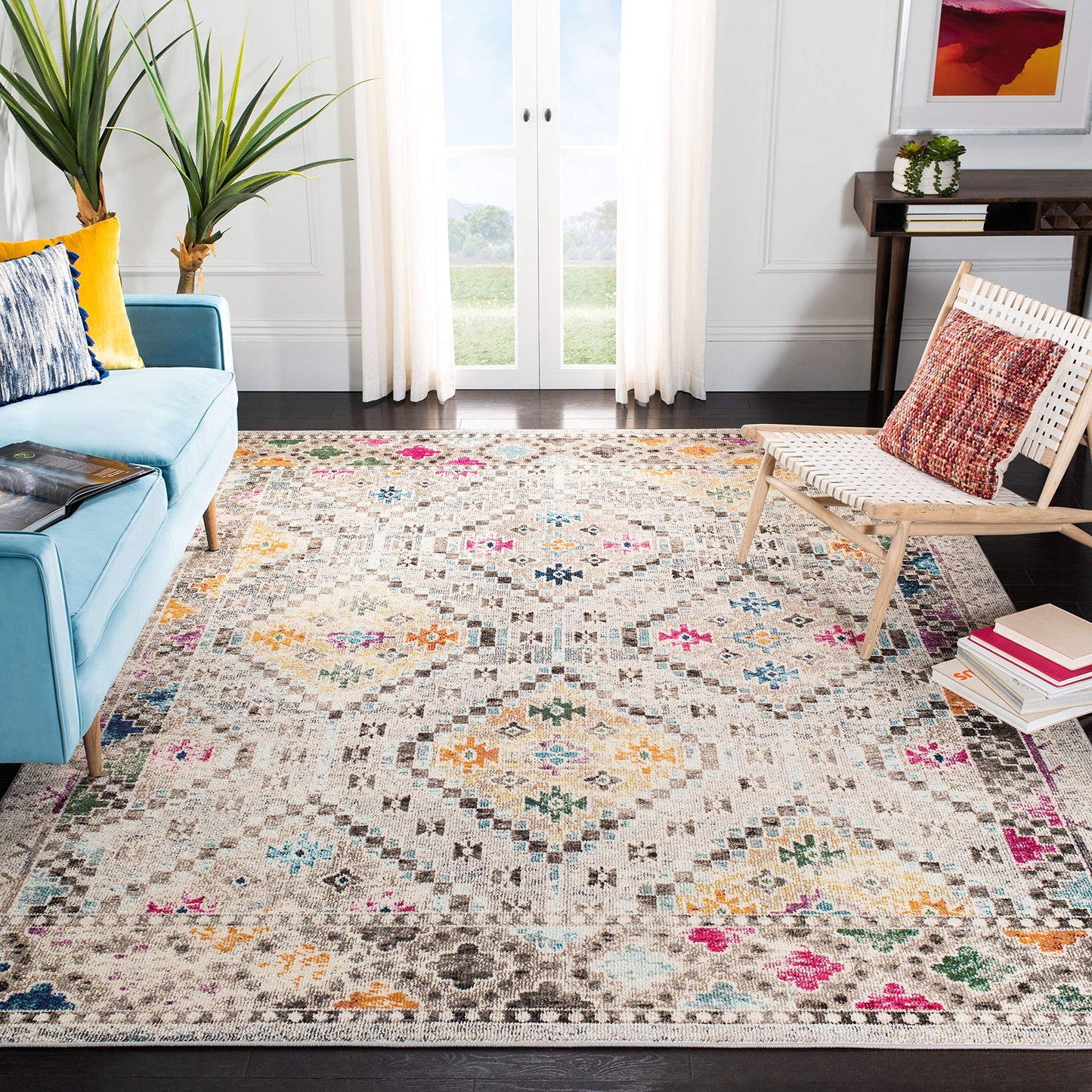 SAFAVIEH Madison Collection Area Rug - 6' x 9', Grey & Yellow, Boho Diamond Distressed Design, Non-Shedding & Easy Care, Ideal for High Traffic Areas in Living Room, Bedroom (MAD418F)