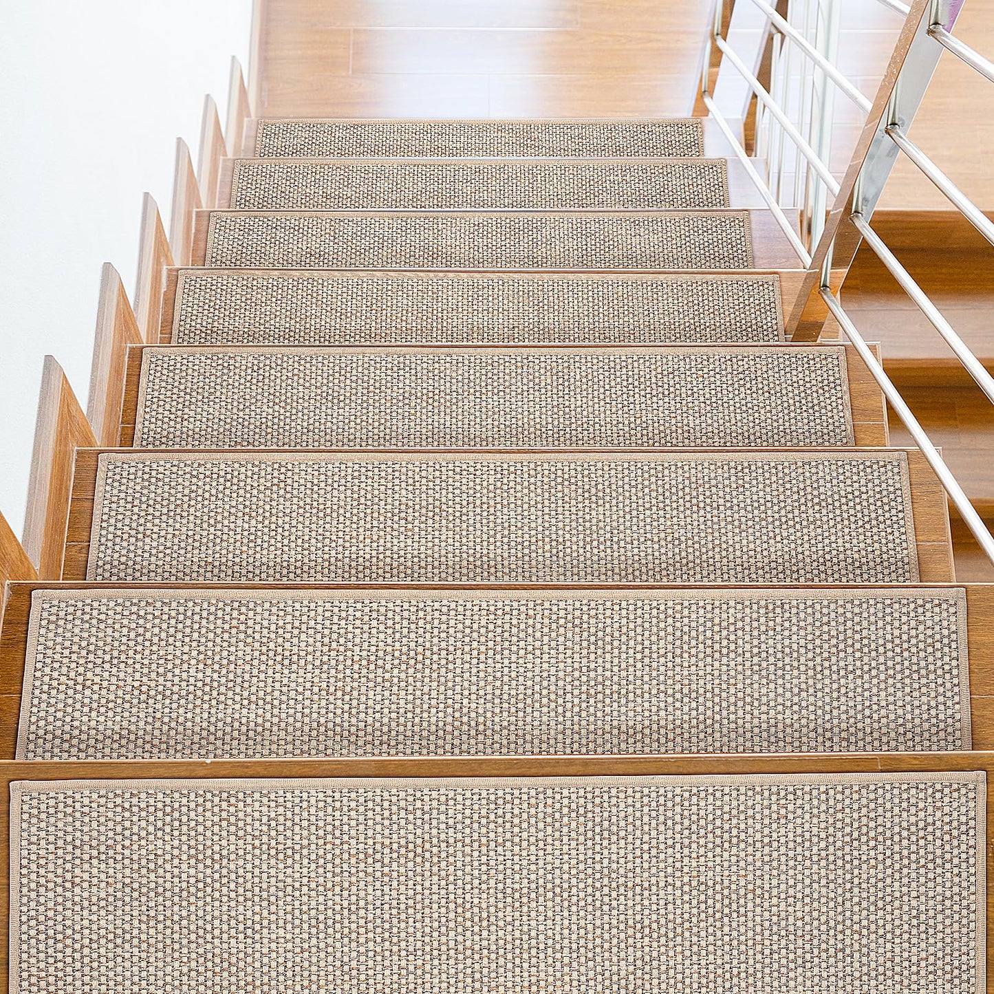 Stair Treads for Wooden Steps, 8" x 30" Linen Non Slip Stair Runner, Peel and Stick Carpet Stair Treads with Reusable Adhesive, Indoor Stair Rugs Covers Mats Pads for Kids Elders Dogs, Beige 15Pcs