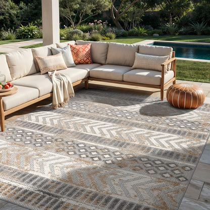 Rugshop Distressed Geometric Indoor/Outdoor Beige Area Rug Modern Tribal Stripe, Durable Stain Resistant Perfect for Patio, Backyard, Deck and Outdoor Lounge 5' x 7'