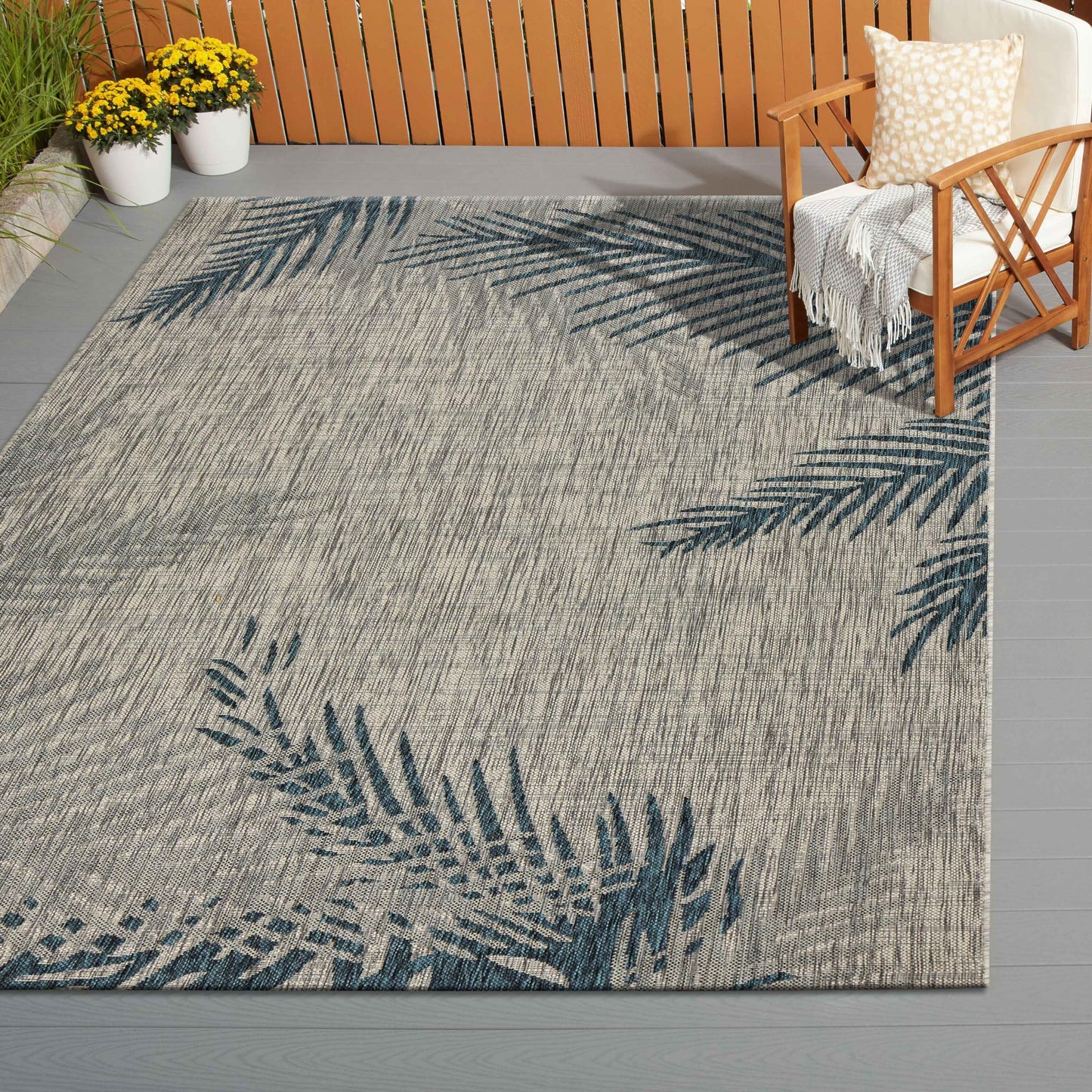 LR Home Palm Fronds Outdoor Area Rug for Home Decor, Carpet for Deck, Patio, Garden, Farmhouse Rug, 5' x 7', Blue/Beige