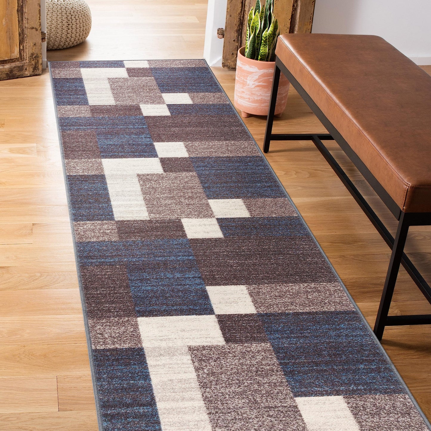 Rugshop Modern Boxes Design Non-Slip (Non-Skid) Carpet for Hallway,Entryway,Kitchen Runner Rug 2' x 10' Blue
