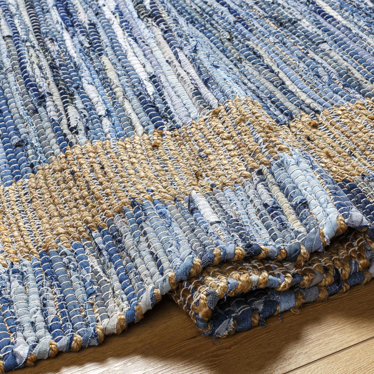 Hauteloom Nobel Recycled Material Living Room, Bedroom Area Rug - Border Striped Abstract - Contemporary Modern Coastal Boho Farmhouse - Mocha, Charcoal, Rose Cream, Blue, Tan - 27" x 45"