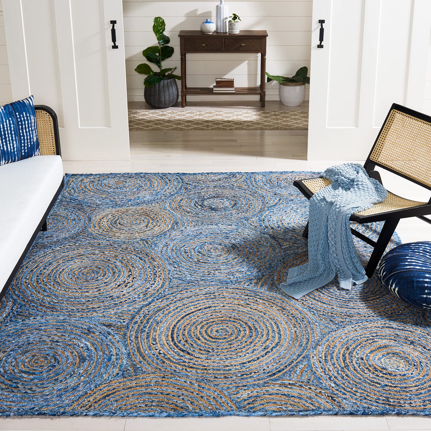 SAFAVIEH Cape Cod Collection Area Rug - 9' x 12', Blue & Natural, Handmade Boho Braided Circles Jute & Cotton, Ideal for High Traffic Areas in Living Room, Bedroom (CAP203M)