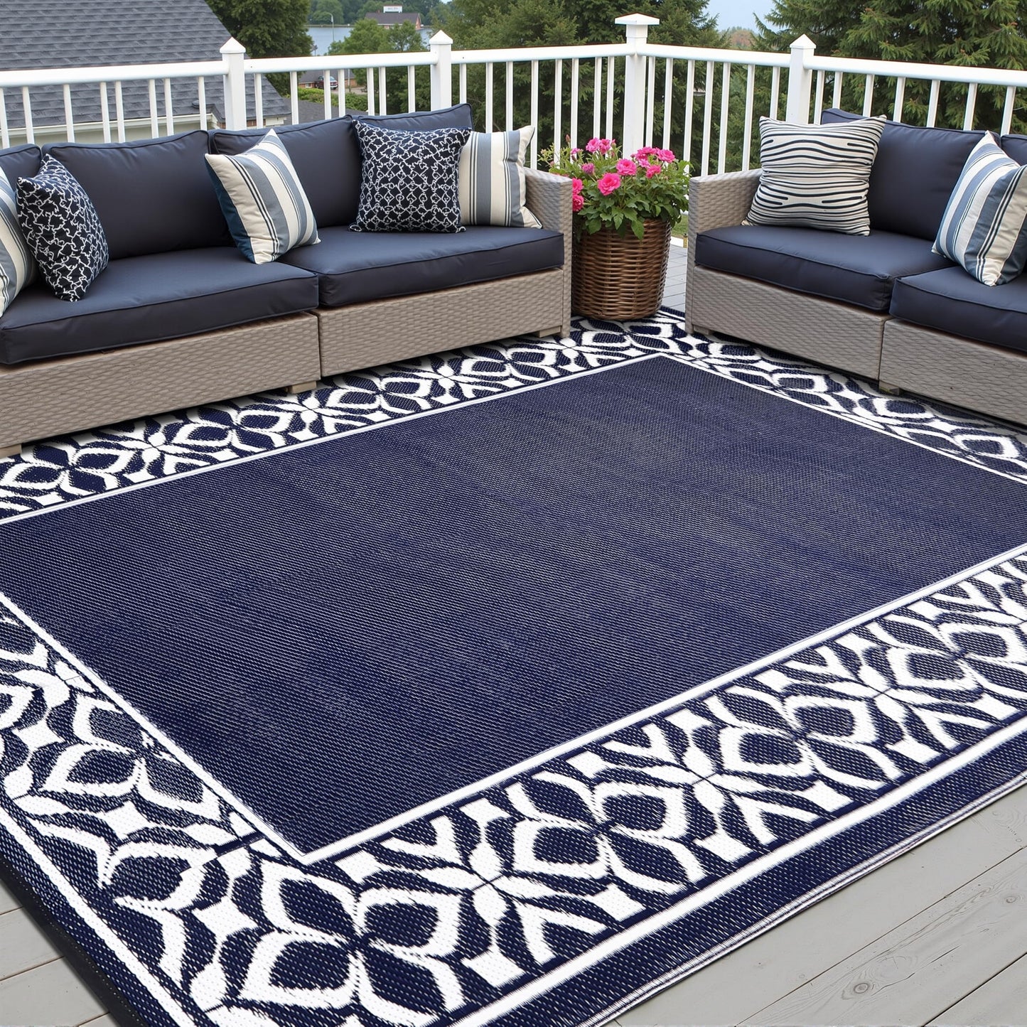 PureCozy Outdoor Plastic Straw Rug Navy Blue Large Outside Waterproof Outdoor Patio 5x8 Carpet Geometric Reversible Mat Modern for Camping RV Porch Deck Balcony Beach