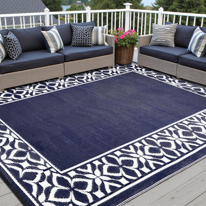 PureCozy Outdoor Plastic Straw Rug Navy Blue Large Outside Waterproof Outdoor Patio 5x8 Carpet Geometric Reversible Mat Modern for Camping RV Porch Deck Balcony Beach