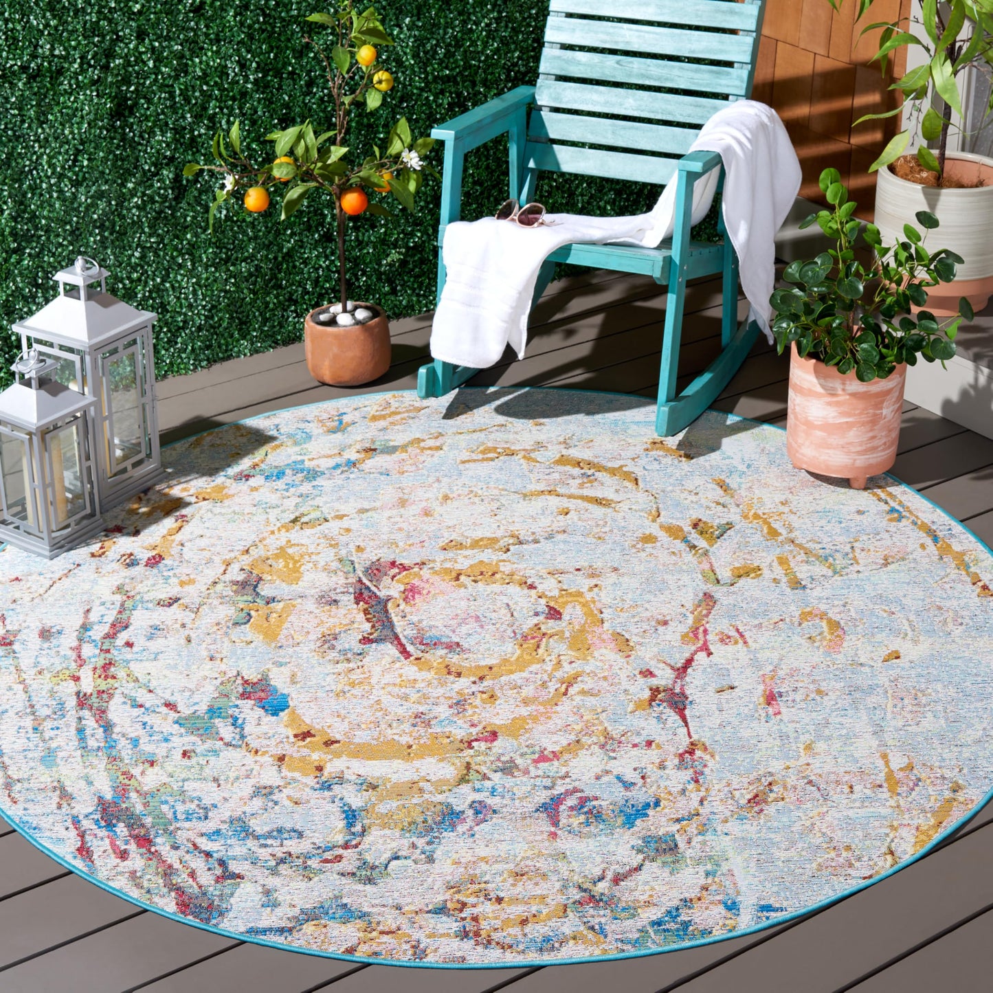 SAFAVIEH Washable Rug Outdoor Barbados Collection - 6'6" Round, Light Blue & Yellow Rust, Non-Shedding & Easy to Clean, Ideal for Patio, Backyard, Mudroom (BAR538J)