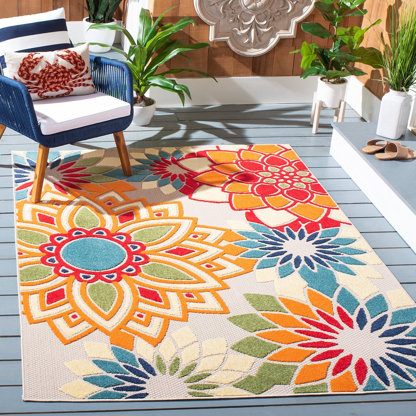 SAFAVIEH Washable Rug Outdoor Cabana Collection - 5'3" x 7'7", Ivory & Orange, Non-Shedding & Easy to Clean, Ideal for Patio, Backyard, Mudroom (CBN328A)