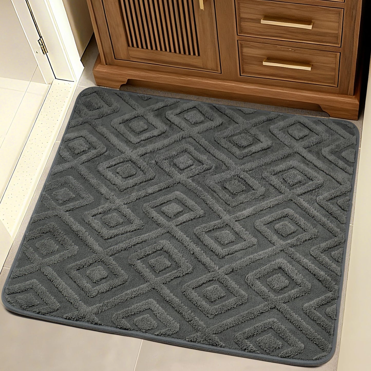 Sunlit Square Bathroom Rug 32x32, Soft Absorbent Bath Mat, Washable Bathroom Mat, Non-Slip Square Bath Rug, Cozy Shower Rugs Bathmat, Subtle High-Low Pile Jacquard Pattern, Diamond Pewter Green