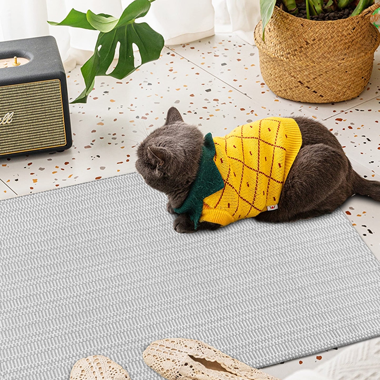 IOHOUZE Washable Runner Rug 2'x8' With Rubber Backing for Hallway, Entryway, Kitchen, Indoor Use - Woven Cotton Floor Carpet for Hall, Entrance, Bedroom - Light Gray/White