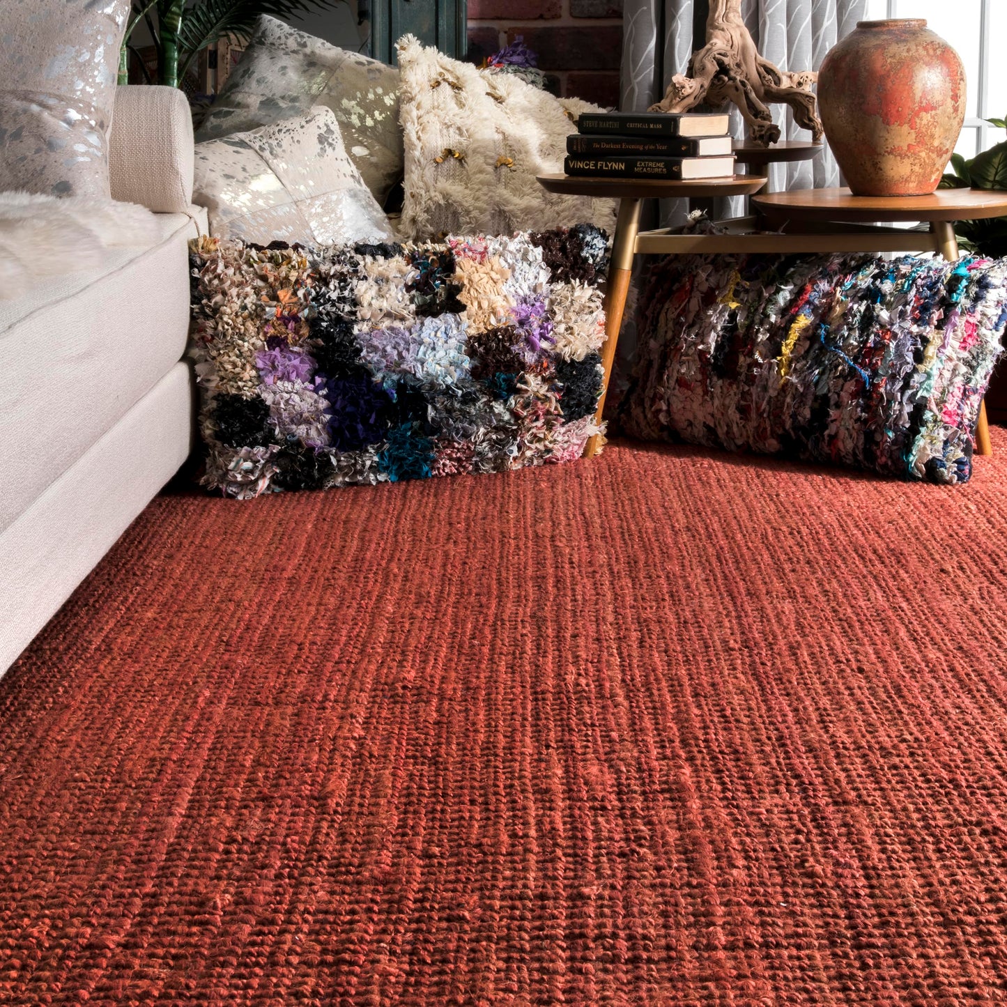 nuLOOM 5x8 Daniela Jute Tassel Hand Woven Area Rug, Brick, Solid Chunky Farmhouse Design, Natural Fiber, For Bedroom, Dining Room, Living Room, Hallway, Office, Entryway