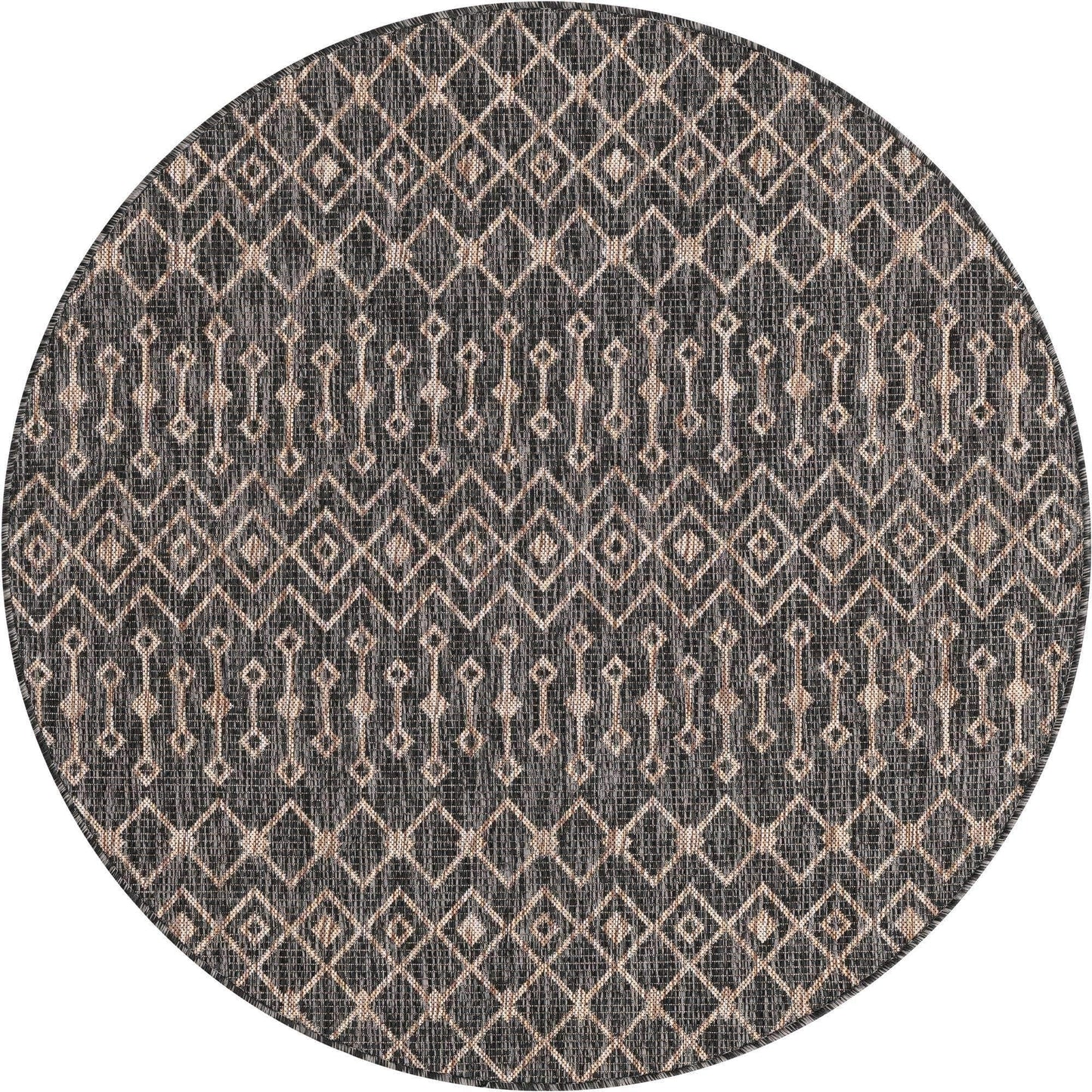 Unique Loom Outdoor Trellis Collection Area Rug - Tribal Trellis (5' 3" Round, Charcoal Gray/ Natural)