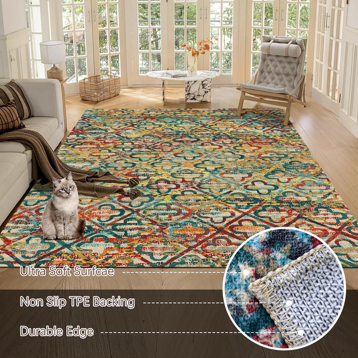 RUGSURE Washable Area Rugs, 4' x 6' - 1/6 Thick - Stain & Water Resistant Non-Slip - Perfect Resistant Rug for Living Room, Bedroom, Nursery, Pet & Child Friendly, Vibrant Colors Rugs, Multicolor