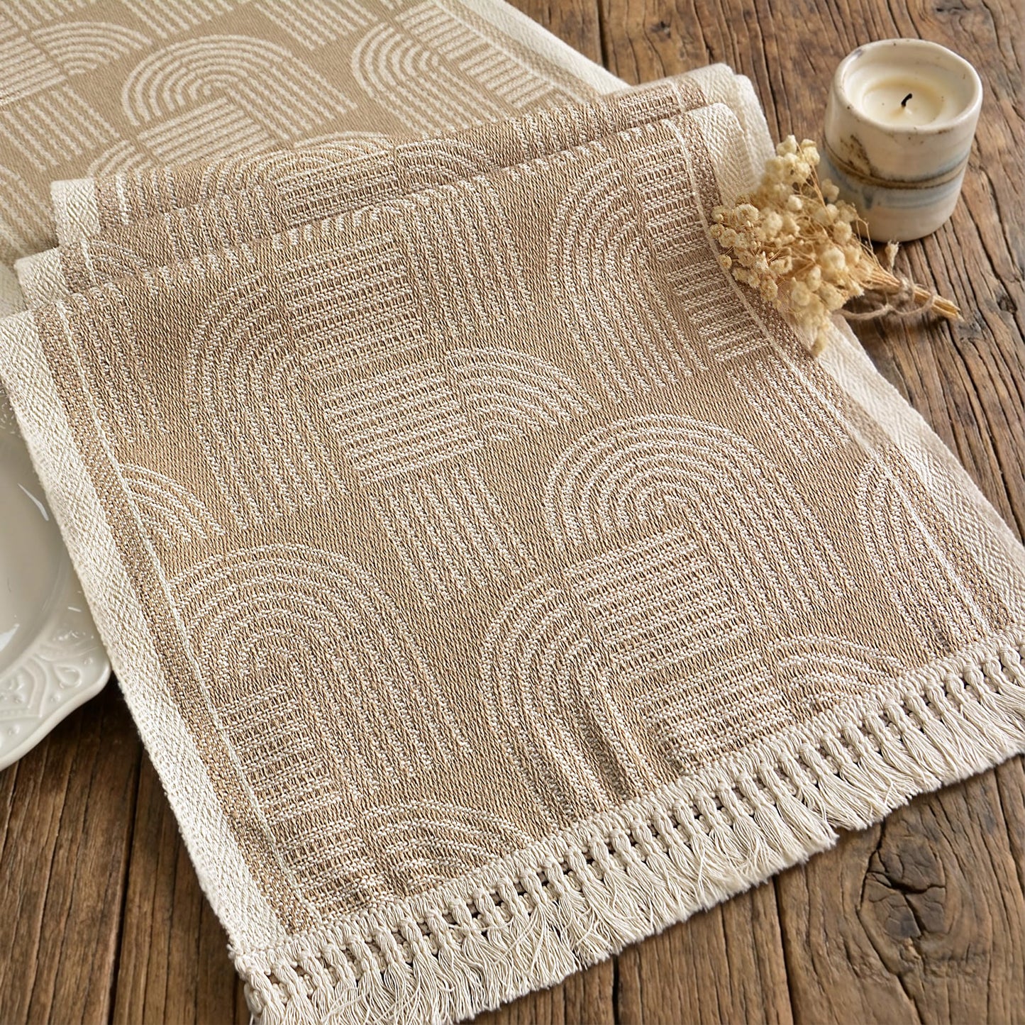 FEXIA Farmhouse Table Runner with Tassels 72 Inch Thick Woven Rustic Table Decoration, Pottery Barn Style Furniture Decor, Burlap Macrame Texture for Living Room Entryway, Beige (13x72 Inch)