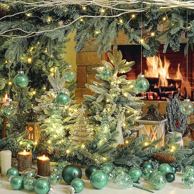 XmasExp 32ct Christmas Ball Ornaments Set -Mint Green Clear Plastic Shatterproof Xmas Tree Ball Decorations Hanging Baubles for Holiday Decor