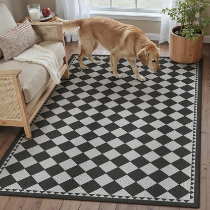 HUGEAR 5x7 Outdoor Rug Black/Grey Linen-Look Fabric Checkered Area Rug High Traffic Stain Resistant Easy Clean Durable Rugs for Indoor/Outdoor Patio Deck Balcony Porch Garden Courtyard
