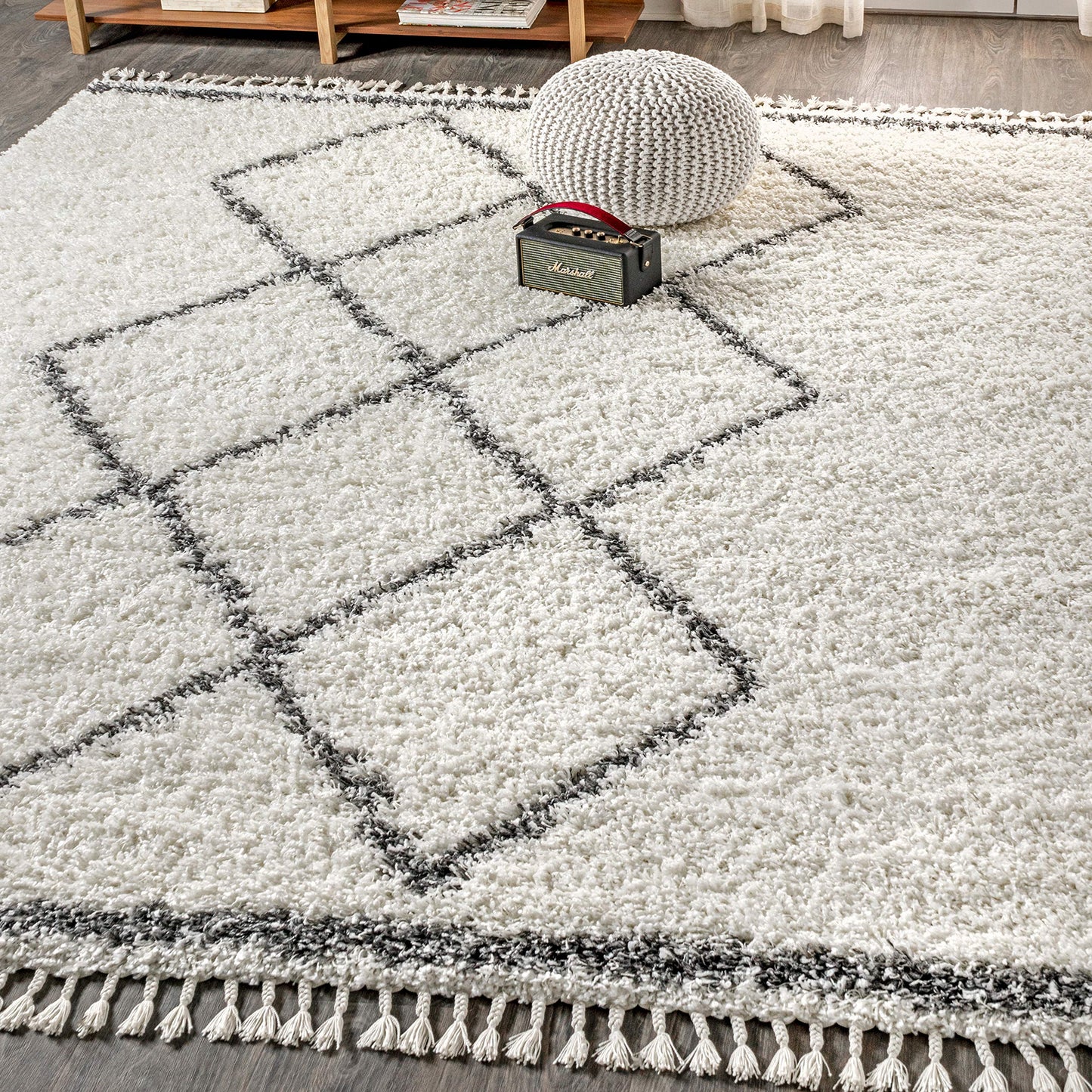 JONATHAN Y Mercer Shag Plush Tassel Cream/Gray Indoor Area Rug, 5x8, Moroccan Geometric Trellis, Bohemian, Easy-Cleaning for Living Room, Bedroom, Kitchen, Pet Friendly, Non-Shedding (MCR103B-5)
