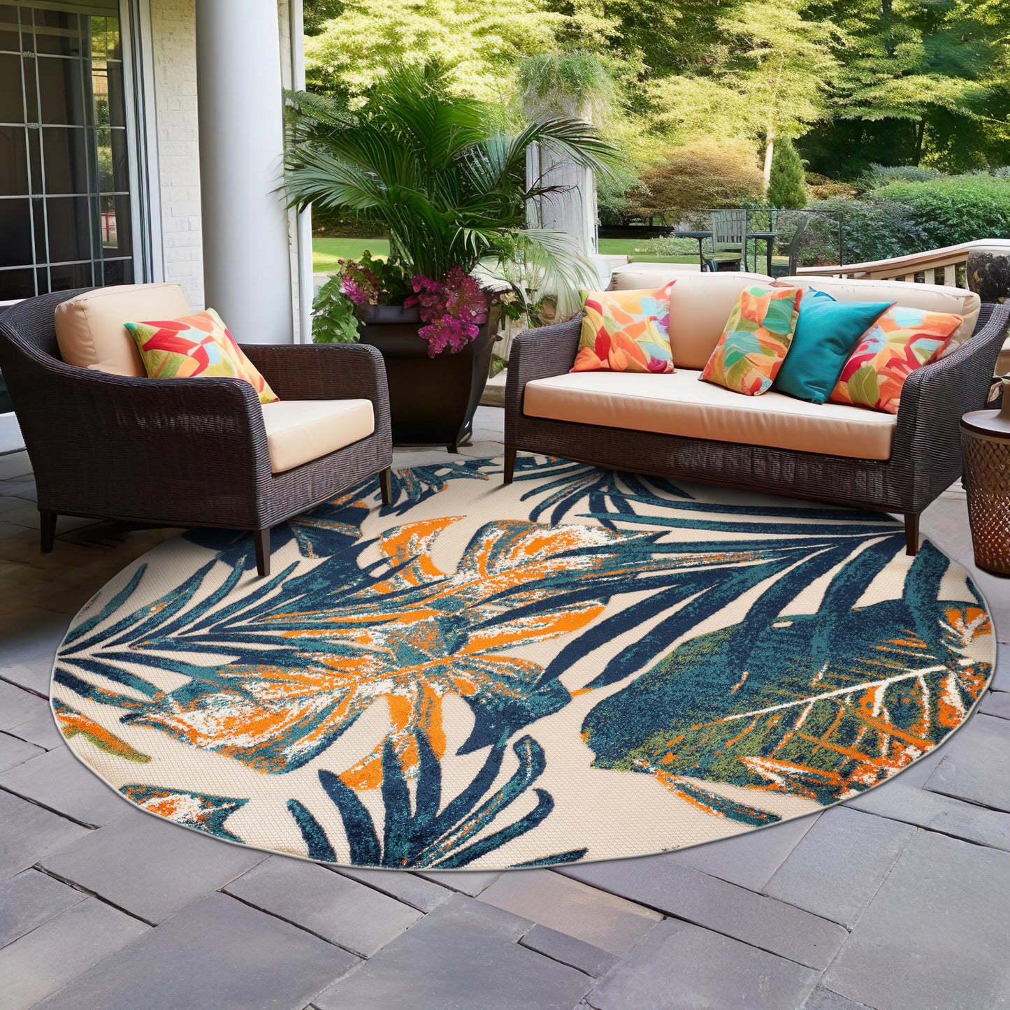 Rugshop Tropical Floral Leaves Indoor/Outdoor Area Rug Durable Polypropylene, Non-Shedding, Easy to Clean, Perfect for Patio, Backyard, Deck and Outdoor Lounge, High Traffic Areas, 8' Round