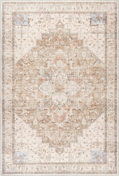 BILEEHOME Boho Farmhouse Bedroom Rug Washable Easy Clean Stain Resistant Vintage Country Rustic Neutral Persian Area Rug for Dining Room Under Table,Light Tan Brown Beig with Terracotta Pattern,5x8