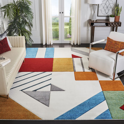 SAFAVIEH Hollywood Collection Area Rug - 9' x 12', Ivory & Peacock Blue, Mid-Century Modern Design, Non-Shedding & Easy Care, Ideal for High Traffic Areas in Living Room, Bedroom (HLW709B)