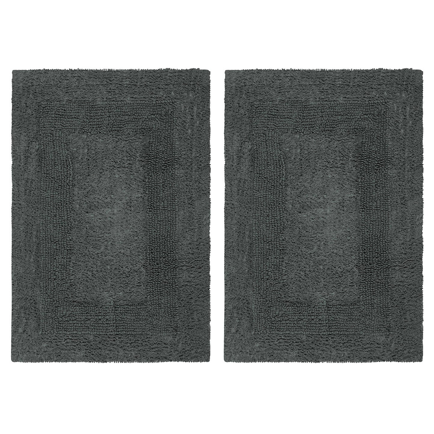 COTTON CRAFT Luxurious Bath Mat Rug - Set of 2 Reversible Heavyweight Step Out Bath Mats for Bathroom Floor, Tub and Shower - Pure Cotton Soft Plush Absorbent Hand Tufted Mat - 17 x 24 - Charcoal Grey
