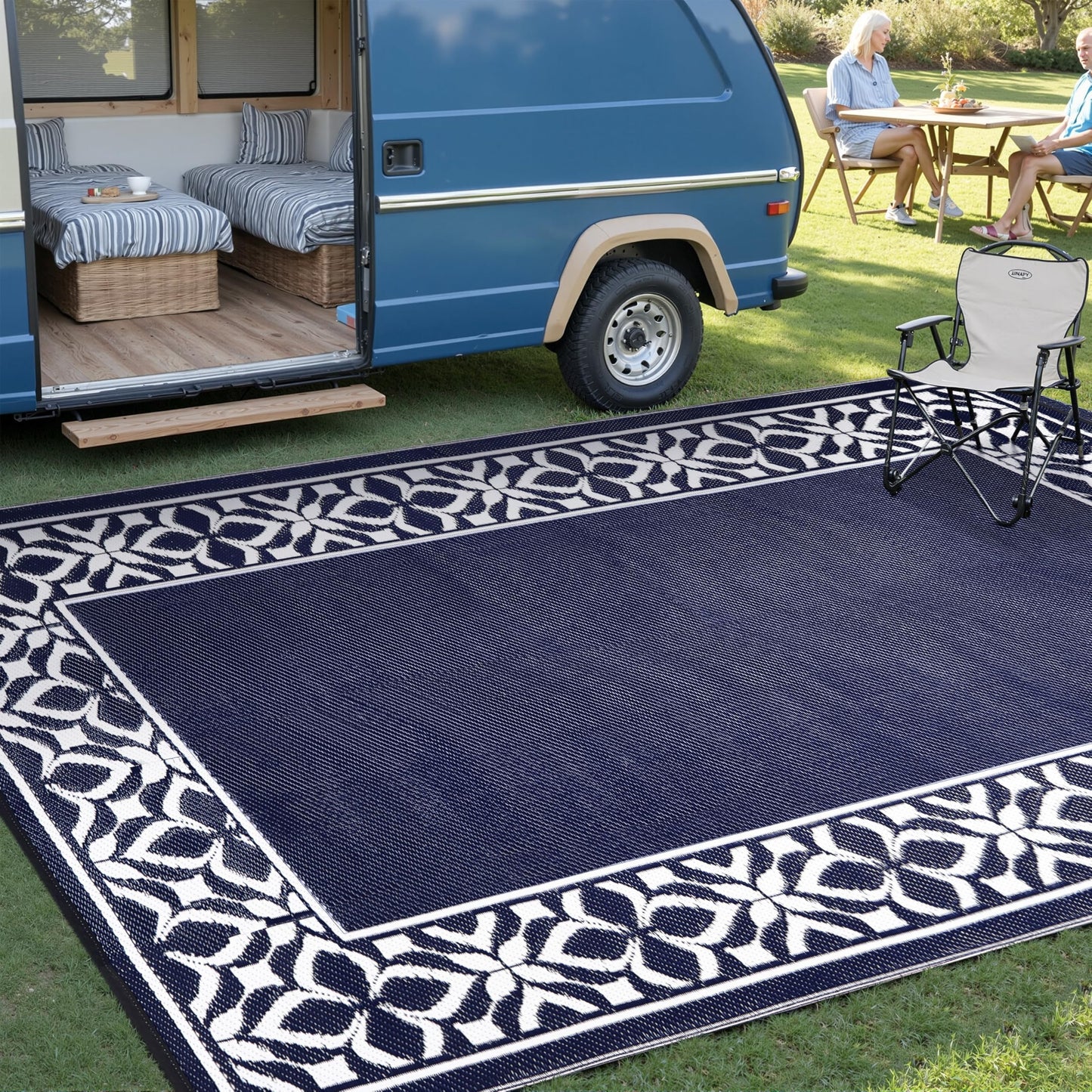 PureCozy Outdoor Plastic Straw Rug Navy Blue Large Outside Waterproof Outdoor Patio 5x8 Carpet Geometric Reversible Mat Modern for Camping RV Porch Deck Balcony Beach
