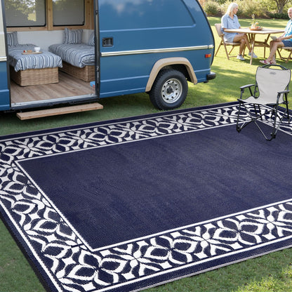 PureCozy Outdoor Plastic Straw Rug Navy Blue Large Outside Waterproof Outdoor Patio 5x8 Carpet Geometric Reversible Mat Modern for Camping RV Porch Deck Balcony Beach