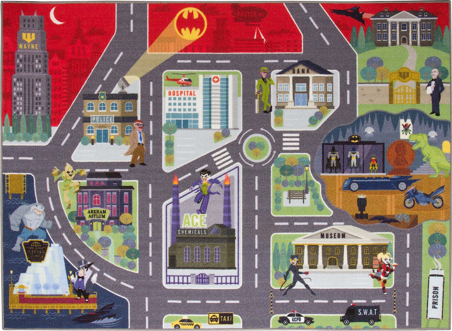 DC Comics Batman's Gotham City Adventure Road Play Rug 3x5 | Kids Interactive Toy Car Play Mat Carpet for Toddler Classroom, Playroom & Baby Nursery