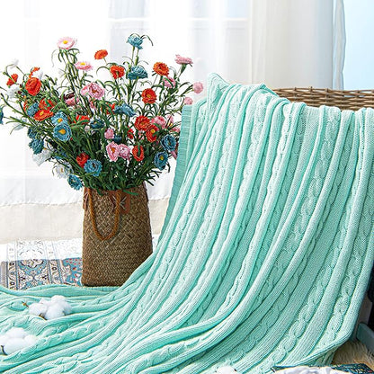 NTBAY 100% Pure Cotton Cable Knit Throw Blanket, Super Soft Warm 51x67 Knitted Throw Blanket for Couch, Sofa, Chair, Bed - Extra Cozy, Machine Washable, Comfortable Home Decor, Mint