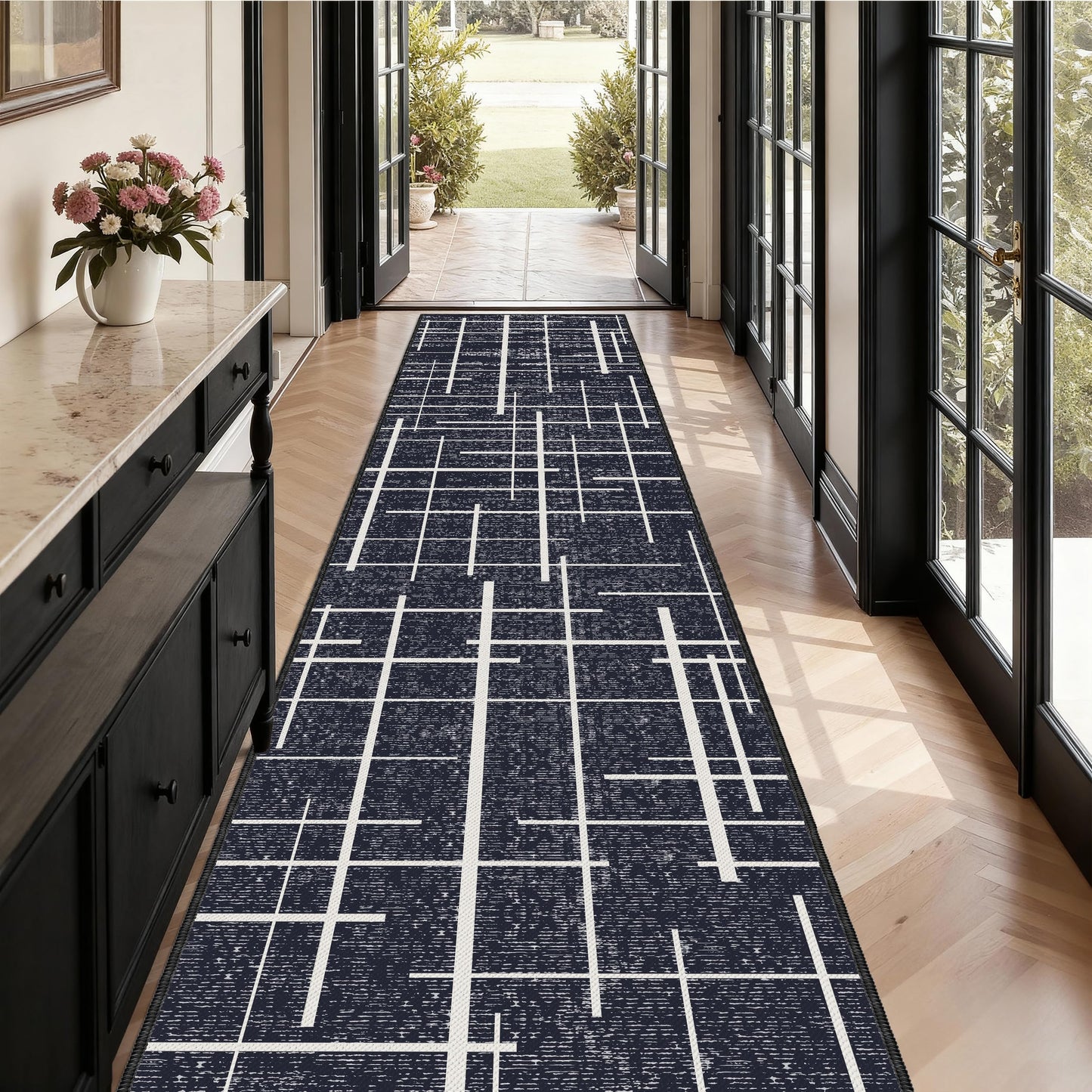 TTelephant Non Slip Hallway Runner Rug 2.6x12, Modern Distressed Stripe, Washable Extra Long Rug, Woven Thin Low Pile Carpet Runners for Hallway 12ft Entryway, Kitchen, Walkway- Midnight Black