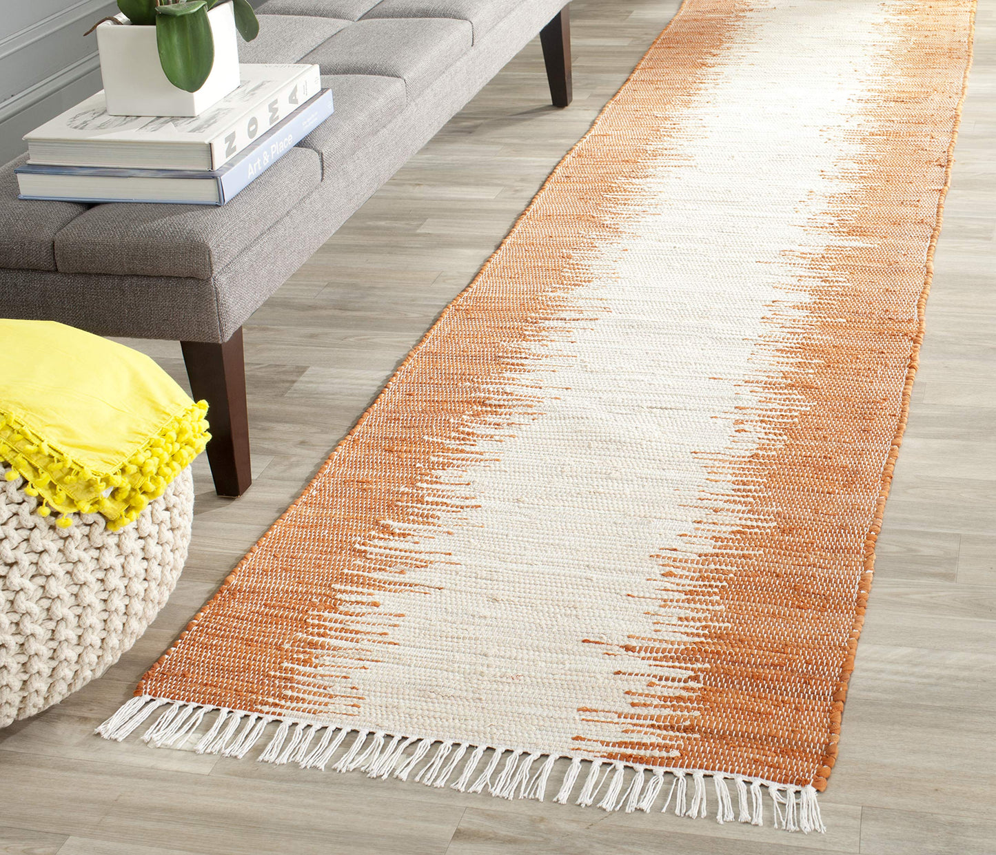 SAFAVIEH Montauk Collection Runner Rug - 2'3" x 9', Orange, Handmade Stripe Fringe Cotton, Ideal for High Traffic Areas in Living Room, Bedroom (MTK751C)