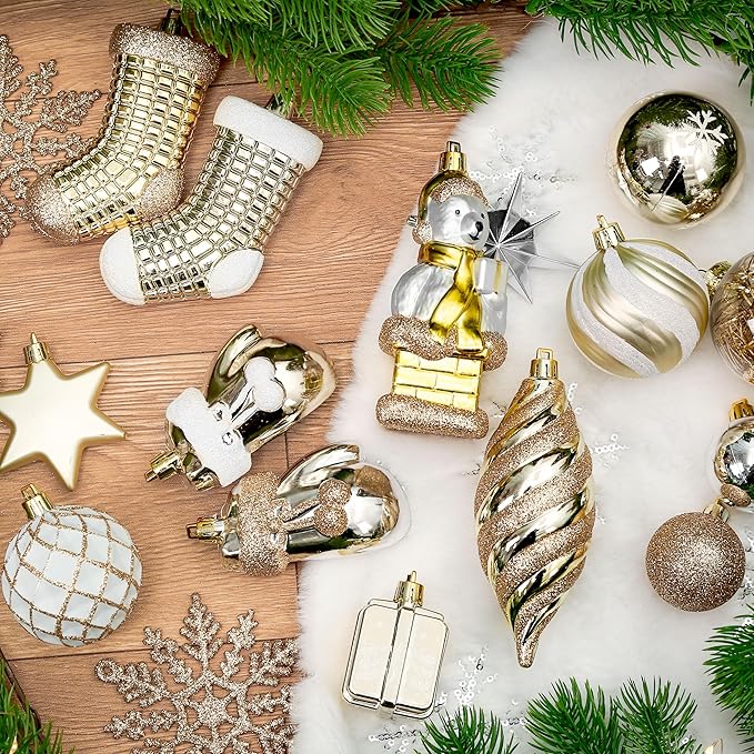 Alupssuc 112pcs Christmas Balls Ornaments Set, Shatterproof Plastic Baubles Christmas Penguin, Polar Bear for Xmas Tree Holiday Wedding Party Decorations with Hanging Strings, Gold, Silver and White