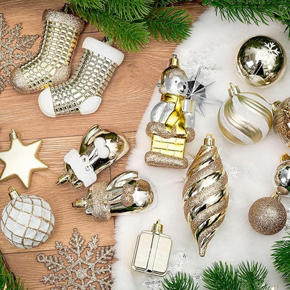 Alupssuc 112pcs Christmas Balls Ornaments Set, Shatterproof Plastic Baubles Christmas Penguin, Polar Bear for Xmas Tree Holiday Wedding Party Decorations with Hanging Strings, Gold, Silver and White