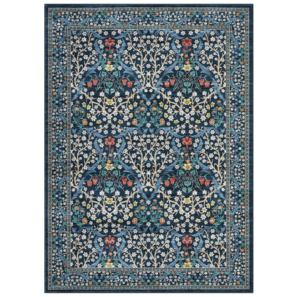 GarveeHome Floral Area Rugs 5x7, Dark Blue Washable Rug for Living Room, Bedroom, Low Pile Non Slip Stain Resistance Indoor Boho Carpet Mat for Farmhouse, Dining Room, Office