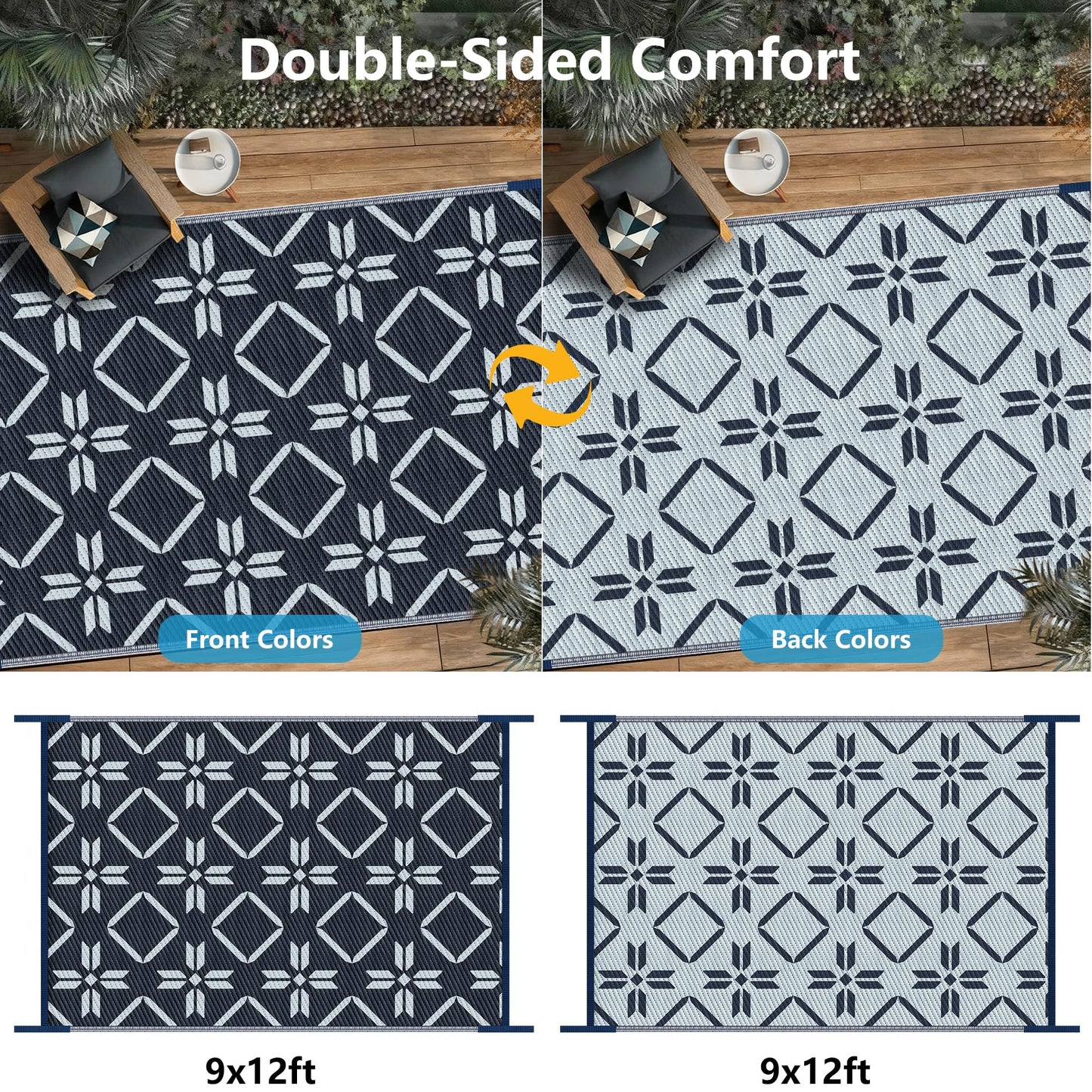 Kohree Outdoor Rug Waterproof 9x12, Reversible RV Outdoor Plastic Straw Rug Patio Mat, Non-Slip Easy Cleaning RV Carpet for Patio Camping Deck Picnic, Backyard, Includes Carry Bag (Blue)