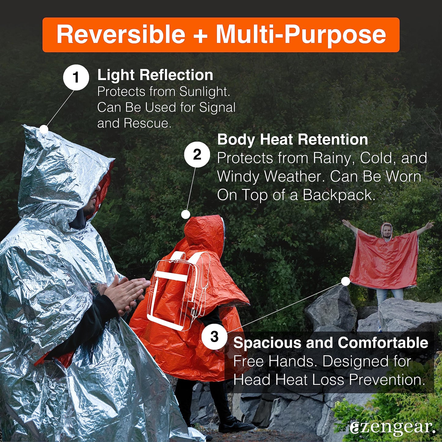 Emergency Survival Foil Poncho (4 Pack) Reversible Thermal Mylar, Orange