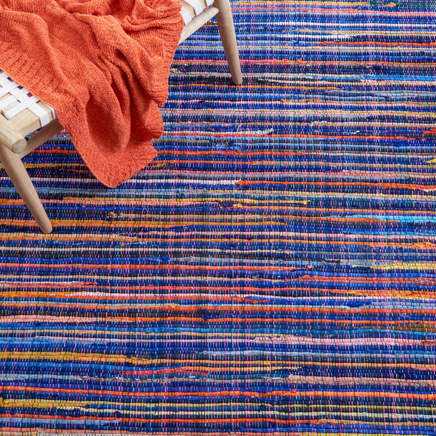 SAFAVIEH Rag Rug Collection Area Rug - 9' x 12', Blue & Multi, Handmade Boho Stripe Cotton, Ideal for High Traffic Areas in Living Room, Bedroom (RAR240B)