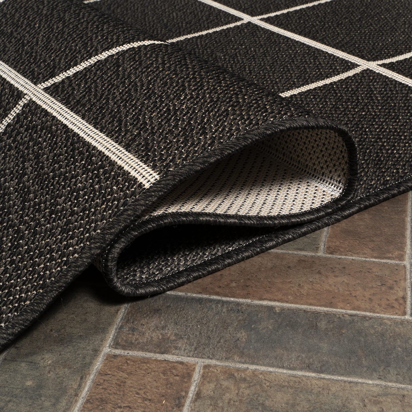 JONATHAN Y Grid Squares Indoor Outdoor Runner Rug 2X8 Black/Cream, Modern for Backyard, Patio, Porch, Easy-Cleaning, High Traffic, Pet-Friendly, Non-Shedding (SMB200B-28)