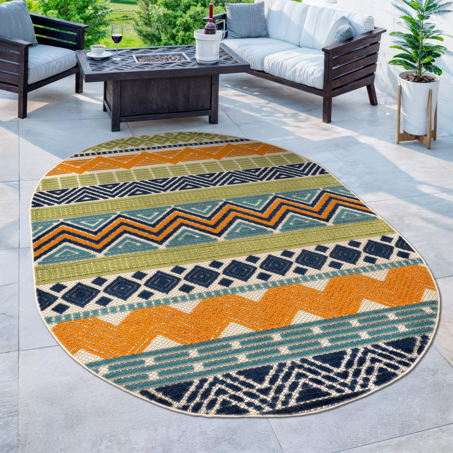Rugshop Multi Marbella Boho Indoor/Outdoor Oval Area Rug for Patio, Deck, Balcony and Living Room Carpet 5' x 7' Oval
