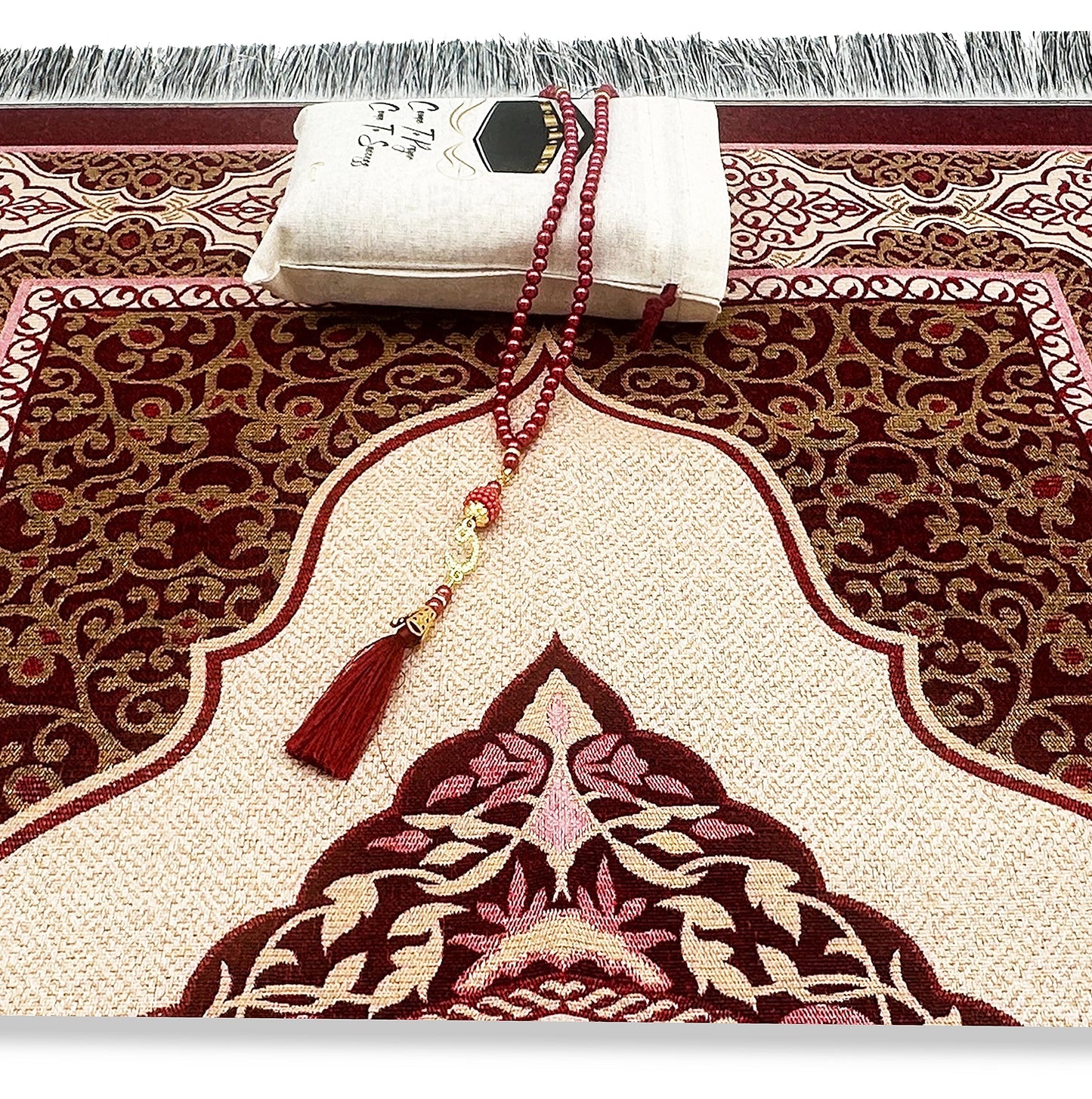 ESERRA Muslim Prayer Rug - 99 Beads & Cap Included, Islam Prayer Mats for Men, Women & Kids (Red)