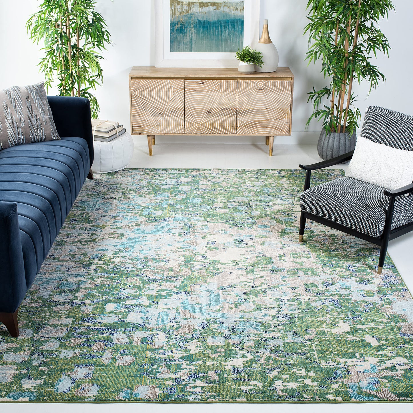 SAFAVIEH Madison Collection Area Rug - 9' x 12', Green & Turquoise, Boho Abstract Distressed Design, Non-Shedding & Easy Care, Ideal for High Traffic Areas in Living Room, Bedroom (MAD425Y)