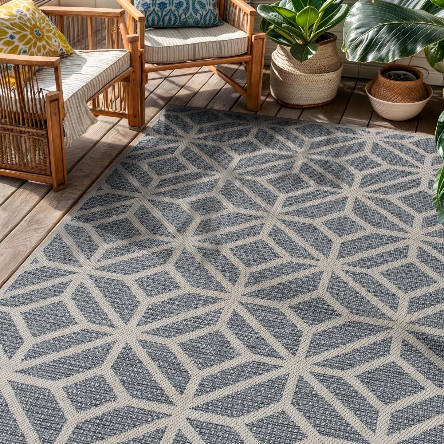 Rugshop Blue Contemporary Geometric Indoor/Outdoor Area Rug — Hose Washable for Living Room, Dining Room and Bedroom, 4' x 6'