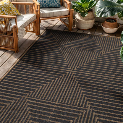 Rugshop Geometric Lines Indoor Outdoor Flat Woven Area Rug,Natural Jute-Style,Easy-Care Patio Rug for Backyard Porch Deck Balcony, 5' x 7' Dark Gray/Natural