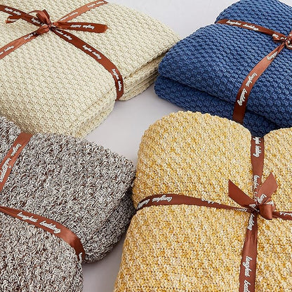 Longhui bedding Gold Knitted Throw Blanket for Couch, Soft, Cozy Machine Washable 100% Cotton Sofa Blanket, 60”x80”, Mustard Yellow and White, Laundry Bag Included