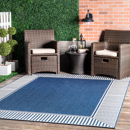 Nuloom Asha Navy/Ivory, 8' x 10', Casual, Striped Border, Soft and Cozy, High Traffic, Easy Clean, Durable Area Rug for Indoor/Outdoor Patio, Deck, Porch, Garden, Courtyard
